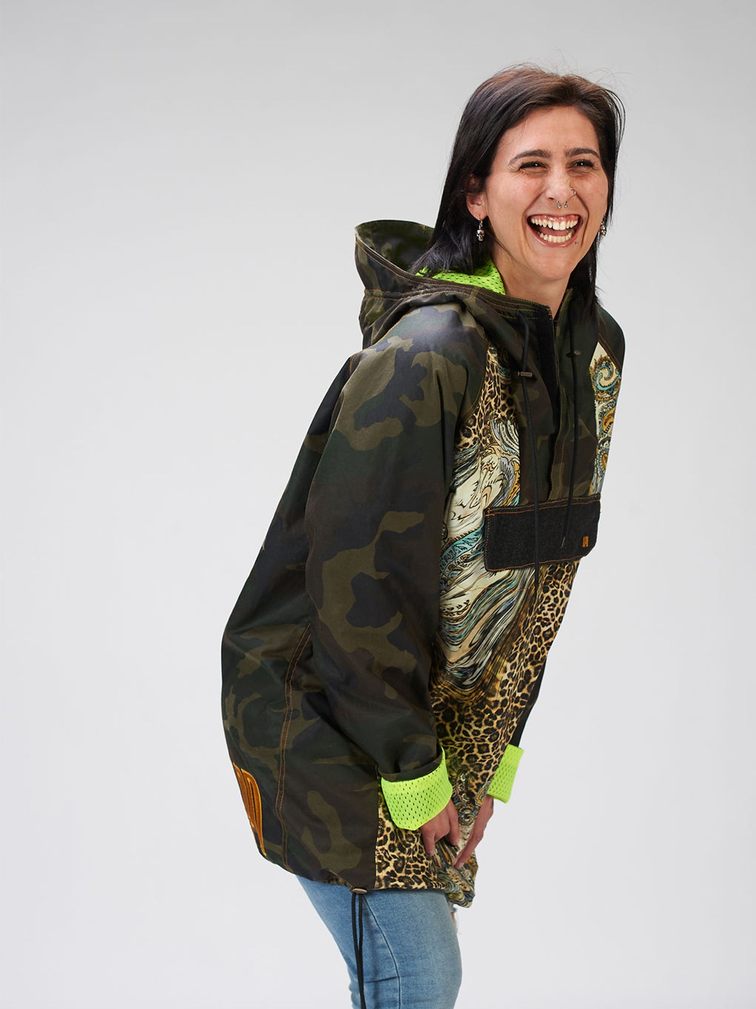 Hooded Waxed Cotton Anorak in Camo & Leopard Print (40% Off