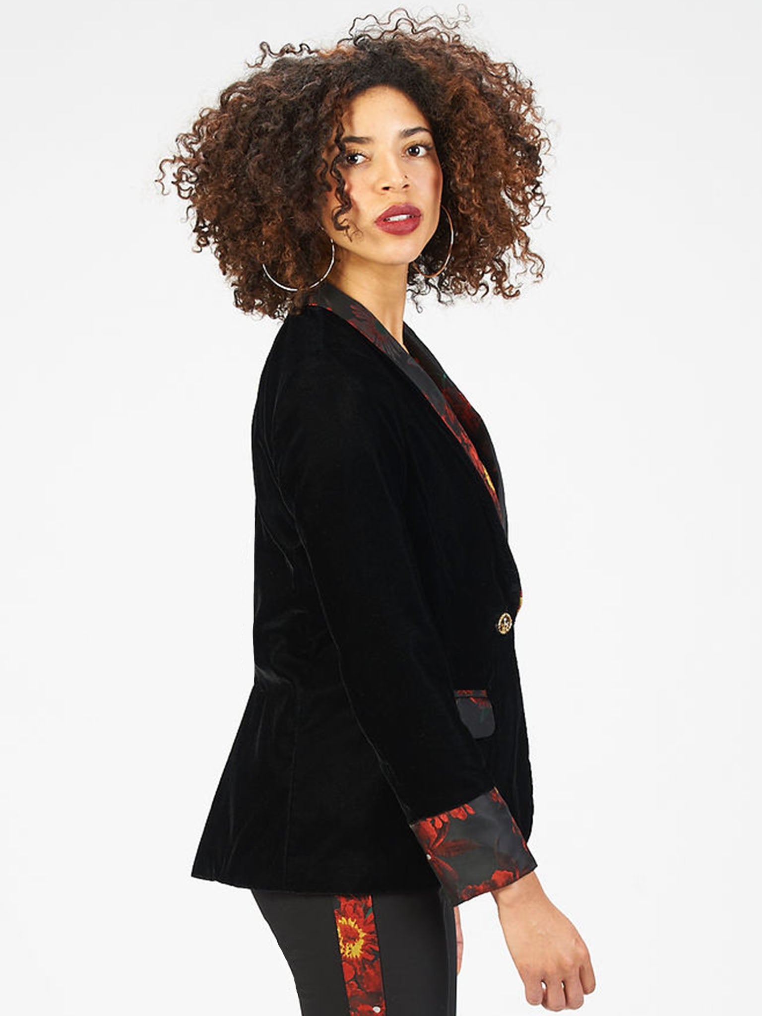 Cotton Velvet Blazer in Black with Red Floral Lapels and Gold