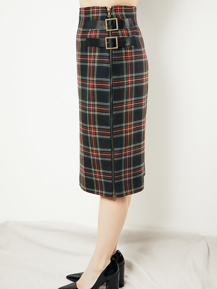 Plaid pencil skirt with buckle